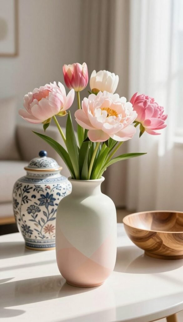 A beautifully arranged scene focusing on a chic vase in the foreground, showcasing a modern ceramic design with delicate pastel colors. The vase is filled with fresh spring flowers like peonies and tulips, creating a vibrant pop of color. In the middle ground, an elegant ginger jar painted in intricate patterns complements the floral arrangement, while a stylish bowl crafted from natural wood adds warmth and texture to the setup. The background features a softly blurred living room with light streaming through sheer curtains, casting gentle shadows and enhancing the cozy atmosphere. The overall mood is fresh, inviting, and effortless, perfect for spring decor inspiration. Captured in natural light, this Pinterest-style image embodies the essence of spring living room decor by CozyTrendHub. A beautifully arranged scene focusing on a chic vase in the foreground, showcasing a modern ceramic design with delicate pastel colors. The vase is filled with fresh spring flowers like peonies and tulips, creating a vibrant pop of color. In the middle ground, an elegant ginger jar painted in intricate patterns complements the floral arrangement, while a stylish bowl crafted from natural wood adds warmth and texture to the setup. The background features a softly blurred living room with light streaming through sheer curtains, casting gentle shadows and enhancing the cozy atmosphere. The overall mood is fresh, inviting, and effortless, perfect for spring decor inspiration. Captured in natural light, this Pinterest-style image embodies the essence of spring living room decor by CozyTrendHub.