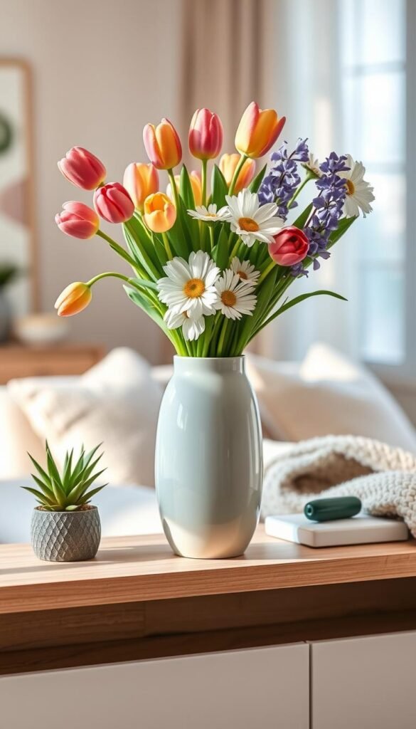 A beautifully arranged scene showcasing a chic ceramic vase from CozyTrendHub, filled with a vibrant bouquet of fresh spring flowers&mdash;tulips, daisies, and hyacinths&mdash;creating a pop of color. The vase has an elegant, minimalist design with a soft pastel finish, positioned on a stylish, lightly textured wooden shelf. The background features a softly blurred living room setting with soft, natural light streaming in through a nearby window, casting gentle shadows and enhancing the warmth of the space. A few decorative accents, such as a small succulent and a textured fabric throw, complement the vase while maintaining a clean aesthetic. The overall mood is inviting and fresh, perfect for spring decor, with an emphasis on solving the "empty shelf" problem. The composition is shot with a shallow depth of field for an artistic touch.