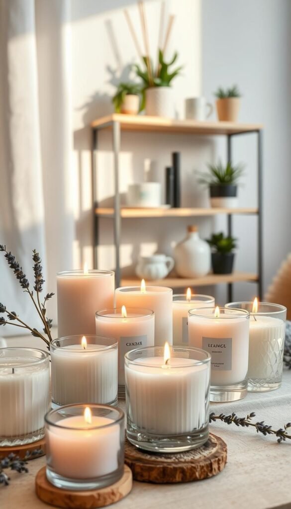 A beautifully arranged scene showcasing a collection of elegant candles and aromatic scents that embody a cozy, inviting atmosphere. In the foreground, a variety of artisanal candles in soft pastel colors, some in textured glass holders, accompanied by small decorative accessories like natural wooden coasters and sprigs of dried lavender. The middle layer features a gentle light streaming in through a nearby window, creating soft shadows and enhancing the warm, golden glow of the flames. In the background, a minimalist shelf adorned with stylish diffusers and potted plants, contributing to a serene and stylish ambiance. The overall mood should evoke a sense of tranquility and aesthetic sophistication. This serene lifestyle image reflects the essence of CozyTrendHub, perfect for elevating everyday spaces.