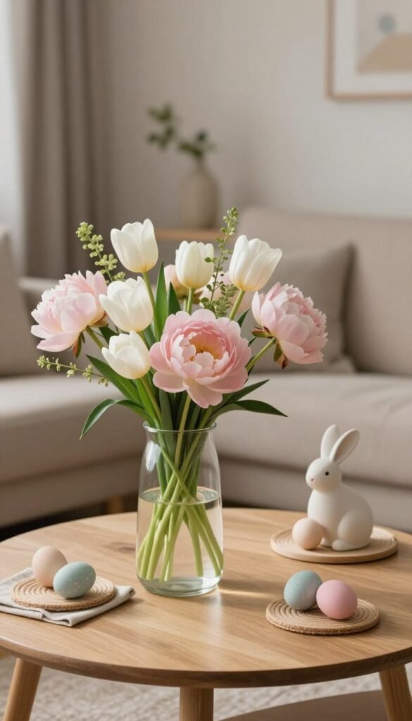 A beautifully arranged scene showcasing a minimalist glass vase in an elegant home setting. The foreground features the glass vase filled with delicate spring flowers, such as white tulips and soft pink peonies, accentuated by subtle greenery. In the middle, a simple, light wood table complements the décor, adorned with natural linen coasters and small decorative eggs in pastel colors. The background reveals a softly lit living space with muted, neutral tones, featuring a cozy sofa and a few tasteful minimalist Easter decorations, like a small ceramic bunny. The lighting is warm and inviting, evoking a serene spring atmosphere. Capture this moment with a shallow depth of field, creating a sense of tranquility and simplicity. Perfect for Pinterest-style lifestyle photos showcasing seasonal themes. CozyTrendHub. A beautifully arranged scene showcasing a minimalist glass vase in an elegant home setting. The foreground features the glass vase filled with delicate spring flowers, such as white tulips and soft pink peonies, accentuated by subtle greenery. In the middle, a simple, light wood table complements the décor, adorned with natural linen coasters and small decorative eggs in pastel colors. The background reveals a softly lit living space with muted, neutral tones, featuring a cozy sofa and a few tasteful minimalist Easter decorations, like a small ceramic bunny. The lighting is warm and inviting, evoking a serene spring atmosphere. Capture this moment with a shallow depth of field, creating a sense of tranquility and simplicity. Perfect for Pinterest-style lifestyle photos showcasing seasonal themes. CozyTrendHub.
