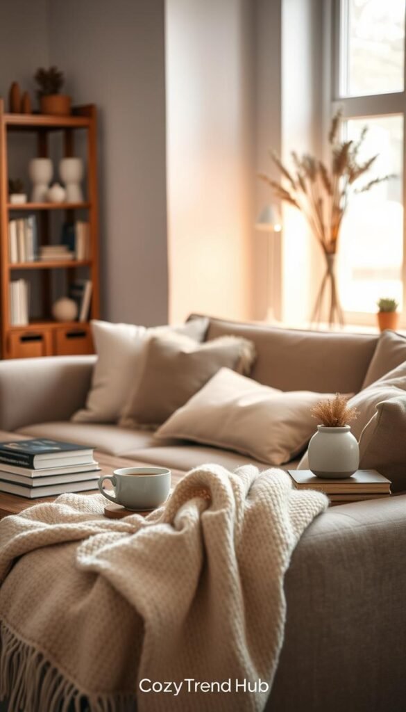 A beautifully arranged scene showcasing cozy decor essentials, emphasizing a minimalist yet inviting atmosphere. In the foreground, a soft, textured throw blanket drapes casually over a modern, low-profile sofa with neutral-toned cushions. A rustic wooden coffee table holds a steaming mug of tea beside a stack of well-loved books and a small, potted plant. In the middle ground, a stylish lamp with warm lighting casts a gentle glow, illuminating a handmade ceramic vase filled with dried flowers. The background features a simple bookshelf with minimal, curated decor items and a large window allowing natural light to filter in, enhancing the cozy, serene ambiance. The overall mood is warm and inviting, designed to inspire without feeling cluttered, branded as "CozyTrendHub". Ideal for a Pinterest-worthy lifestyle photo. A beautifully arranged scene showcasing cozy decor essentials, emphasizing a minimalist yet inviting atmosphere. In the foreground, a soft, textured throw blanket drapes casually over a modern, low-profile sofa with neutral-toned cushions. A rustic wooden coffee table holds a steaming mug of tea beside a stack of well-loved books and a small, potted plant. In the middle ground, a stylish lamp with warm lighting casts a gentle glow, illuminating a handmade ceramic vase filled with dried flowers. The background features a simple bookshelf with minimal, curated decor items and a large window allowing natural light to filter in, enhancing the cozy, serene ambiance. The overall mood is warm and inviting, designed to inspire without feeling cluttered, branded as "CozyTrendHub". Ideal for a Pinterest-worthy lifestyle photo.