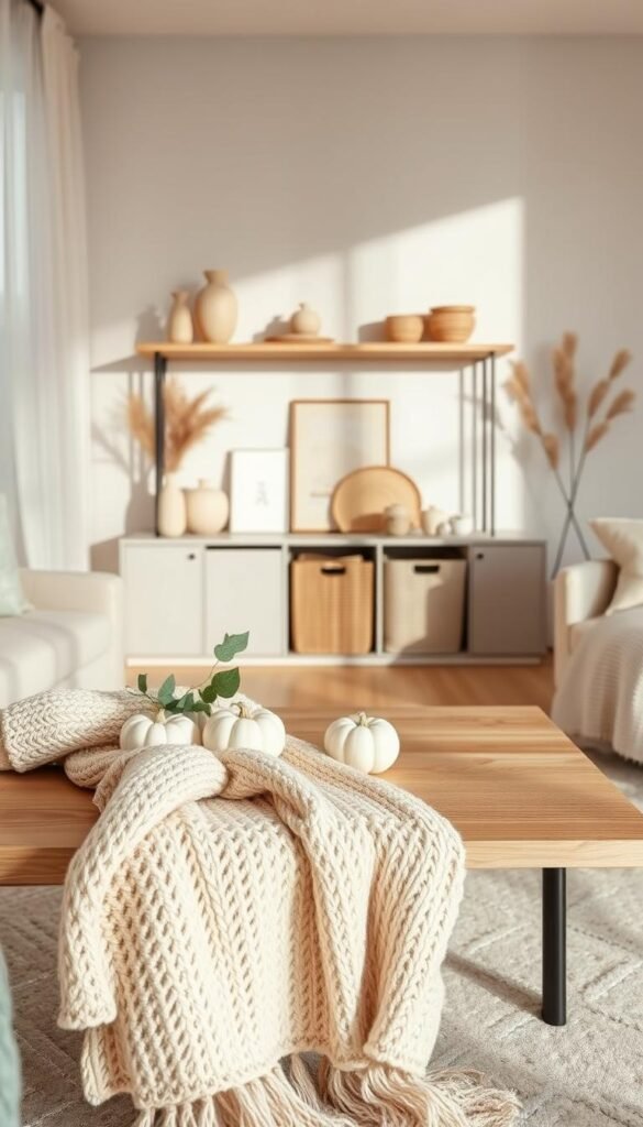 A beautifully arranged seasonal decor vignette showcasing neutral textures that exude modern elegance. In the foreground, a soft beige knit throw drapes over a stylish, light wood coffee table adorned with subtle seasonal accents, like small white pumpkins and natural greenery. In the middle, a stylishly curated shelf displays neutral ceramic vases, woven baskets, and muted art pieces, all harmonizing in earthy tones. The background features a warm, inviting living room with minimalist design elements, soft natural light filtering through sheer curtains, casting gentle shadows. The atmosphere is cozy and inviting, perfect for a modern apartment. This image is inspired by CozyTrendHub, illustrating how seasonal decor swaps can refresh a space without a complete overhaul.