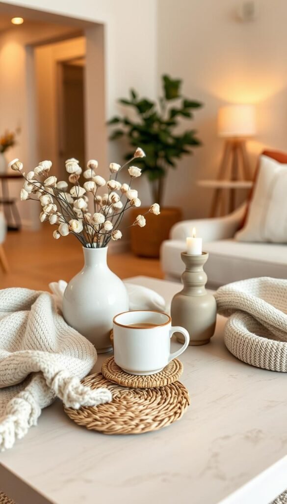 A beautifully arranged seasonal palette featuring neutral decor essentials, positioned on a cozy, stylish coffee table. In the foreground, include soft textures like knitted throws and woven coasters, paired with a simple ceramic vase filled with soft, muted flowers. The middle ground showcases an elegant coffee cup and a decorative candle, enhancing the inviting atmosphere. The background reveals a softly lit living room with warm, ambient lighting, highlighting a neutral color scheme of beige, white, and light gray. Capture the scene from a slightly elevated angle to emphasize depth, creating a Pinterest-worthy lifestyle photo. The overall mood should evoke comfort and tranquility, perfect for the brand "CozyTrendHub."