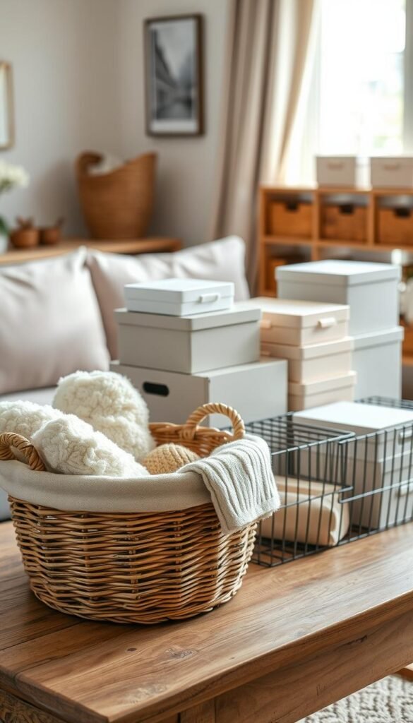 A beautifully arranged selection of bins, baskets, and boxes demonstrating various organizing styles, displayed on a rustic wooden table. In the foreground, a large wicker basket filled with fluffy throws and a smaller fabric bin holding knitted items. The middle ground features a variety of storage boxes in soft, pastel colors, neatly stacked beside stylish wire baskets, showcasing their unique textures. In the background, a softly blurred, cozy living room setting with neutral tones, allowing the focus to remain on the containers. Warm, natural light filters through a nearby window, creating a welcoming atmosphere. A gentle depth of field enhances the scene, inviting viewers to explore the versatility of organization. Perfect for a Pinterest-style lifestyle image, reflecting a modern home decor aesthetic. Designed for CozyTrendHub. A beautifully arranged selection of bins, baskets, and boxes demonstrating various organizing styles, displayed on a rustic wooden table. In the foreground, a large wicker basket filled with fluffy throws and a smaller fabric bin holding knitted items. The middle ground features a variety of storage boxes in soft, pastel colors, neatly stacked beside stylish wire baskets, showcasing their unique textures. In the background, a softly blurred, cozy living room setting with neutral tones, allowing the focus to remain on the containers. Warm, natural light filters through a nearby window, creating a welcoming atmosphere. A gentle depth of field enhances the scene, inviting viewers to explore the versatility of organization. Perfect for a Pinterest-style lifestyle image, reflecting a modern home decor aesthetic. Designed for CozyTrendHub.