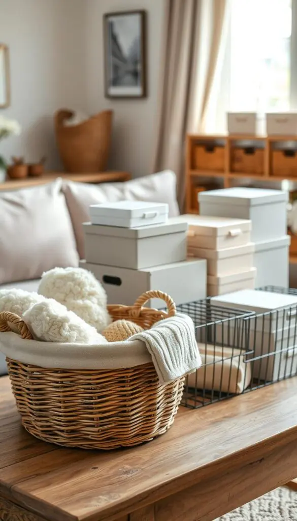 A beautifully arranged selection of bins, baskets, and boxes demonstrating various organizing styles, displayed on a rustic wooden table. In the foreground, a large wicker basket filled with fluffy throws and a smaller fabric bin holding knitted items. The middle ground features a variety of storage boxes in soft, pastel colors, neatly stacked beside stylish wire baskets, showcasing their unique textures. In the background, a softly blurred, cozy living room setting with neutral tones, allowing the focus to remain on the containers. Warm, natural light filters through a nearby window, creating a welcoming atmosphere. A gentle depth of field enhances the scene, inviting viewers to explore the versatility of organization. Perfect for a Pinterest-style lifestyle image, reflecting a modern home decor aesthetic. Designed for CozyTrendHub.