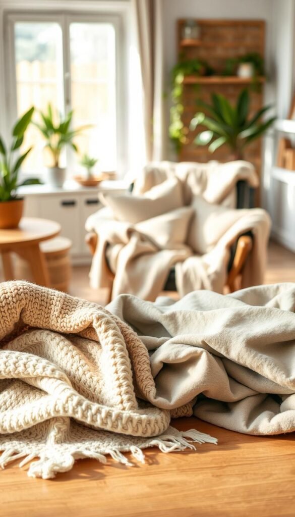 A beautifully arranged selection of cozy texture fabrics displayed on a wooden table, encompassed by soft, natural lighting that highlights the intricate details of each fabric. The foreground features a variety of textures, such as chunky knits, velvet, and woven cotton in neutral tones and soft pastels, arranged artfully. The middle layer showcases a rustic backdrop with a cozy throw blanket draped over a modern chair adorned with decorative pillows, emphasizing warmth and comfort. In the background, a softly blurred home interior suggests a relaxed living space, complete with indoor plants and tasteful decor. The atmosphere is inviting and serene, perfect for a lifestyle article by CozyTrendHub. A beautifully arranged selection of cozy texture fabrics displayed on a wooden table, encompassed by soft, natural lighting that highlights the intricate details of each fabric. The foreground features a variety of textures, such as chunky knits, velvet, and woven cotton in neutral tones and soft pastels, arranged artfully. The middle layer showcases a rustic backdrop with a cozy throw blanket draped over a modern chair adorned with decorative pillows, emphasizing warmth and comfort. In the background, a softly blurred home interior suggests a relaxed living space, complete with indoor plants and tasteful decor. The atmosphere is inviting and serene, perfect for a lifestyle article by CozyTrendHub.