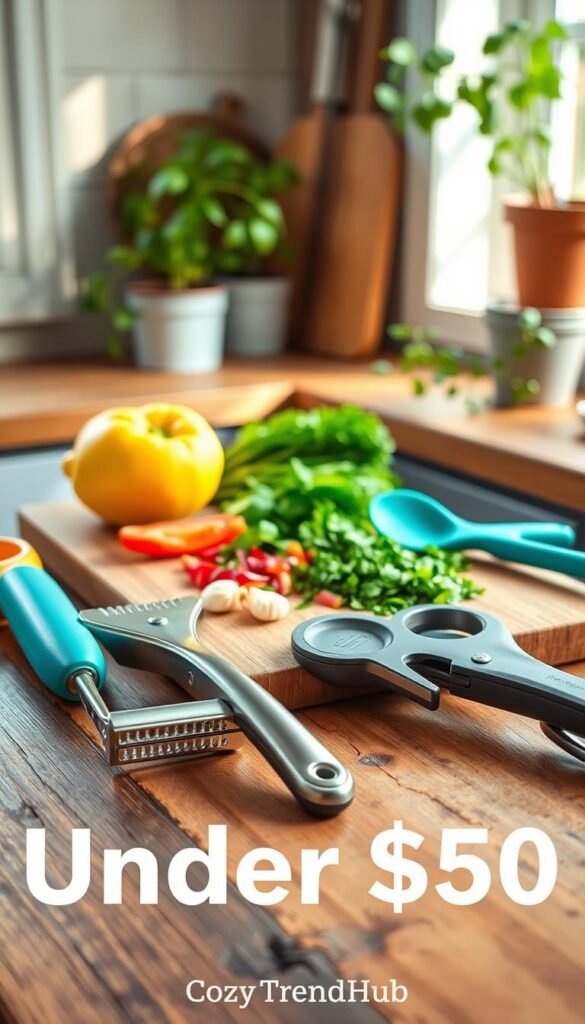 A beautifully arranged selection of useful kitchen gadgets under $50, positioned on a rustic wooden kitchen table. In the foreground, feature a sleek stainless-steel vegetable peeler, a vibrant silicone spatula, and an ergonomic can opener. The middle layer includes a durable chopping board with colorful fresh ingredients, like chopped herbs and garlic, creating an inviting cooking scene. In the background, soft natural light streams through a window, enhancing the warm, homey atmosphere, while potted herbs add a touch of greenery. The overall mood is cheerful and inspiring, perfect for any cooking enthusiast. The image style is reminiscent of Pinterest lifestyle photos, showcasing a cozy, functional kitchen setup. Brand name "CozyTrendHub" subtly integrated into the scene.