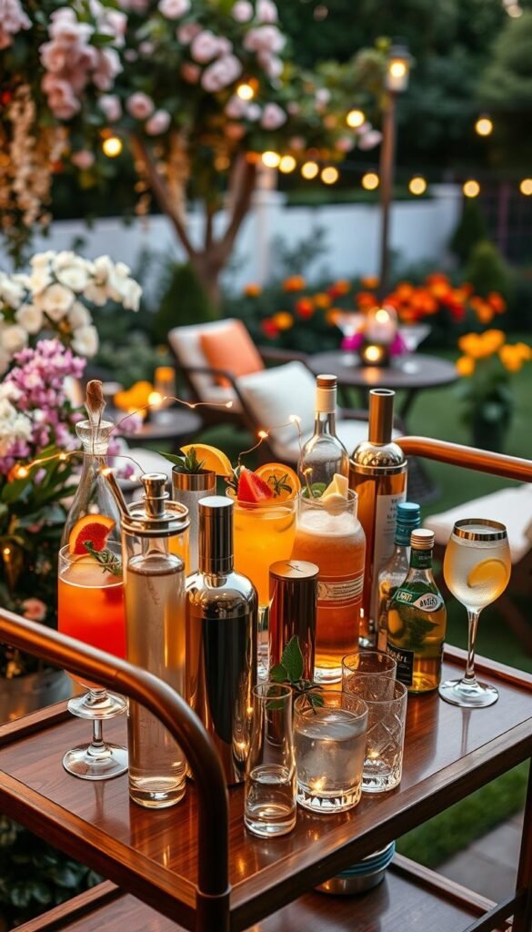 A beautifully arranged self-serve drinks station featuring an elegant bar cart adorned with an array of vibrant drinks, including refreshing cocktails, sparkling water, and assorted mixers. The foreground showcases the polished wooden bar cart, complete with decorative glassware, fresh fruit garnishes, and eye-catching cocktail shakers. In the middle, soft fairy lights weave around the drinks, casting a warm, inviting glow that enhances the outdoor evening atmosphere. The background reveals a lush garden filled with blooming flowers and cozy seating arrangements, creating an enchanting setting. The overall mood is relaxed and welcoming, perfect for entertaining guests. Captured in soft focus, with a warm golden hour lighting effect to emphasize the cozy ambiance. Ideal for a Pinterest-style lifestyle inspiration by CozyTrendHub.