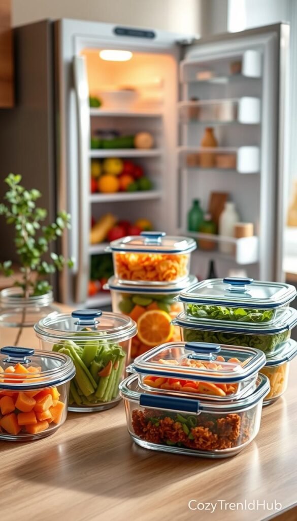 A beautifully arranged set of Glasslock tempered glass food storage containers on a light wooden kitchen countertop. The containers are filled with fresh, colorful leftovers and neatly organized in various sizes, showing their airtight lids. In the background, a softly blurred refrigerator opens slightly, revealing fresh produce for an inviting atmosphere. Natural light streams in through a nearby window, casting gentle reflections on the glass surfaces, enhancing their clarity and shiny finish. A subtle greenery accent, like a potted herb plant, complements the kitchen decor, creating a cozy and inviting feel. Capture this scene with a warm color palette and a shallow depth of field to draw focus to the containers. Branding watermark: "CozyTrendHub". A beautifully arranged set of Glasslock tempered glass food storage containers on a light wooden kitchen countertop. The containers are filled with fresh, colorful leftovers and neatly organized in various sizes, showing their airtight lids. In the background, a softly blurred refrigerator opens slightly, revealing fresh produce for an inviting atmosphere. Natural light streams in through a nearby window, casting gentle reflections on the glass surfaces, enhancing their clarity and shiny finish. A subtle greenery accent, like a potted herb plant, complements the kitchen decor, creating a cozy and inviting feel. Capture this scene with a warm color palette and a shallow depth of field to draw focus to the containers. Branding watermark: "CozyTrendHub".