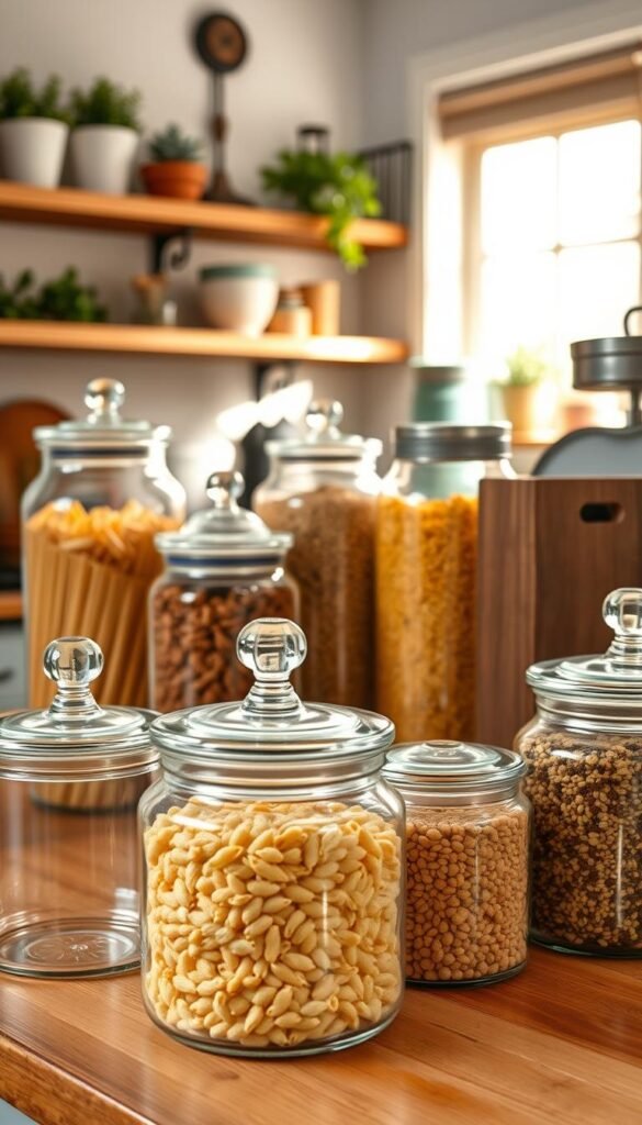 A beautifully arranged set of glass canisters displayed on a warm wooden countertop, featuring different sizes and shapes, filled with colorful kitchen staples like pasta, grains, and spices. The foreground showcases a few canisters with elegant glass lids slightly ajar, allowing a glimpse of their contents. The middle ground includes a cozy, well-organized kitchen backdrop adorned with soft, natural lighting streaming in from a nearby window, creating a welcoming ambiance. In the background, tasteful kitchen decor such as herb pots and a vintage scale add a charming touch. The overall mood is inviting and functional, perfectly aligning with the aesthetic of CozyTrendHub, evoking a sense of harmony in small pantry organization. A beautifully arranged set of glass canisters displayed on a warm wooden countertop, featuring different sizes and shapes, filled with colorful kitchen staples like pasta, grains, and spices. The foreground showcases a few canisters with elegant glass lids slightly ajar, allowing a glimpse of their contents. The middle ground includes a cozy, well-organized kitchen backdrop adorned with soft, natural lighting streaming in from a nearby window, creating a welcoming ambiance. In the background, tasteful kitchen decor such as herb pots and a vintage scale add a charming touch. The overall mood is inviting and functional, perfectly aligning with the aesthetic of CozyTrendHub, evoking a sense of harmony in small pantry organization.