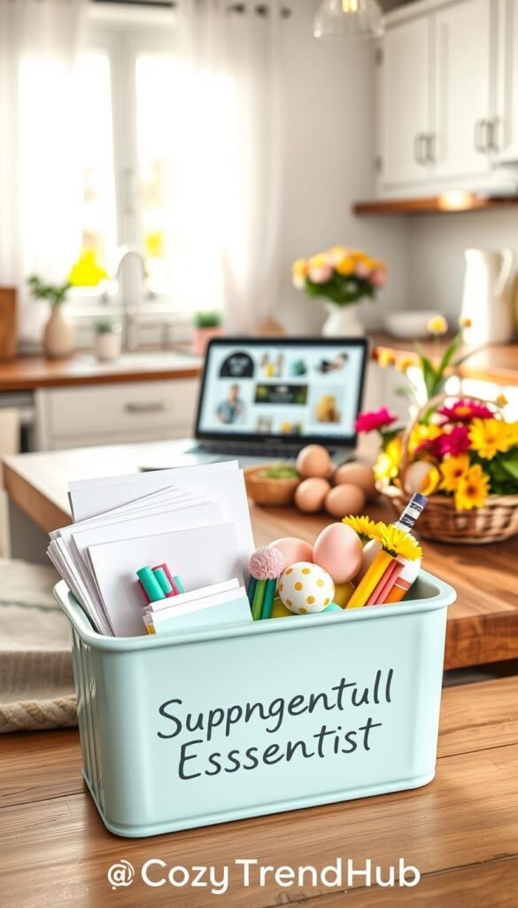 A beautifully arranged shopping list container styled in a cozy, modern kitchen setting. The foreground features a chic, pastel-colored container labeled "Easter Essentials" filled with neatly organized notepads, colored pens, and small decorative items like Easter eggs and spring flowers. In the middle, a rustic wooden table holds a partially opened laptop displaying affiliate product images, along with fresh seasonal ingredients like a basket of eggs and vibrant flowers. The background showcases soft, natural lighting streaming through a window, illuminating white curtains and brightening pastel-hued kitchen decor. The overall mood is cheerful and inviting, perfect for spring celebrations. Include the brand name "CozyTrendHub" subtly within the scene without any text overlays. A beautifully arranged shopping list container styled in a cozy, modern kitchen setting. The foreground features a chic, pastel-colored container labeled "Easter Essentials" filled with neatly organized notepads, colored pens, and small decorative items like Easter eggs and spring flowers. In the middle, a rustic wooden table holds a partially opened laptop displaying affiliate product images, along with fresh seasonal ingredients like a basket of eggs and vibrant flowers. The background showcases soft, natural lighting streaming through a window, illuminating white curtains and brightening pastel-hued kitchen decor. The overall mood is cheerful and inviting, perfect for spring celebrations. Include the brand name "CozyTrendHub" subtly within the scene without any text overlays.