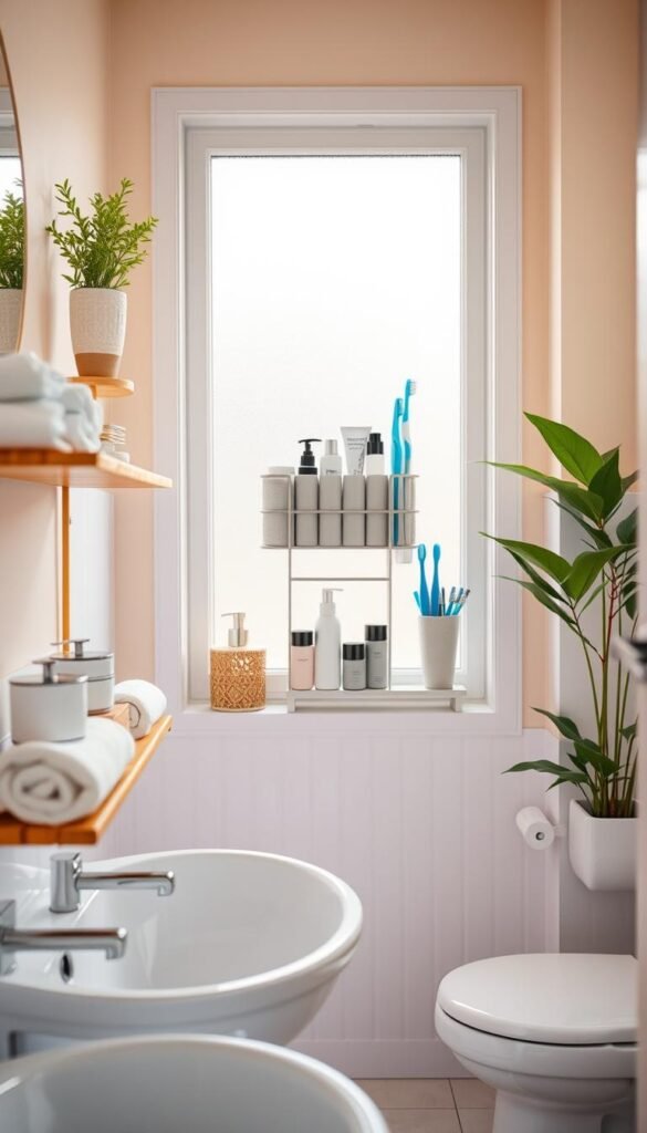 A beautifully arranged small bathroom scene featuring elegant bath organizers that maximize space. In the foreground, a stylish bamboo shelf holds neatly arranged cosmetic jars, rolled towels, and decorative storage bins. The middle section displays a sleek wall-mounted organizer filled with essential bath-time products like toothbrushes, soap, and skincare items, showcasing a clever use of limited space. In the background, soft natural light filters through a frosted window, creating a warm, inviting atmosphere. The walls are painted in calming pastel colors, and potted green plants add a touch of freshness. The overall mood is organized and tranquil, emphasizing the importance of effective storage solutions in small bathrooms. Captured at eye level with a shallow depth of field, the image should embody the aesthetic of CozyTrendHub, evoking a Pinterest-worthy home decor vibe. A beautifully arranged small bathroom scene featuring elegant bath organizers that maximize space. In the foreground, a stylish bamboo shelf holds neatly arranged cosmetic jars, rolled towels, and decorative storage bins. The middle section displays a sleek wall-mounted organizer filled with essential bath-time products like toothbrushes, soap, and skincare items, showcasing a clever use of limited space. In the background, soft natural light filters through a frosted window, creating a warm, inviting atmosphere. The walls are painted in calming pastel colors, and potted green plants add a touch of freshness. The overall mood is organized and tranquil, emphasizing the importance of effective storage solutions in small bathrooms. Captured at eye level with a shallow depth of field, the image should embody the aesthetic of CozyTrendHub, evoking a Pinterest-worthy home decor vibe.