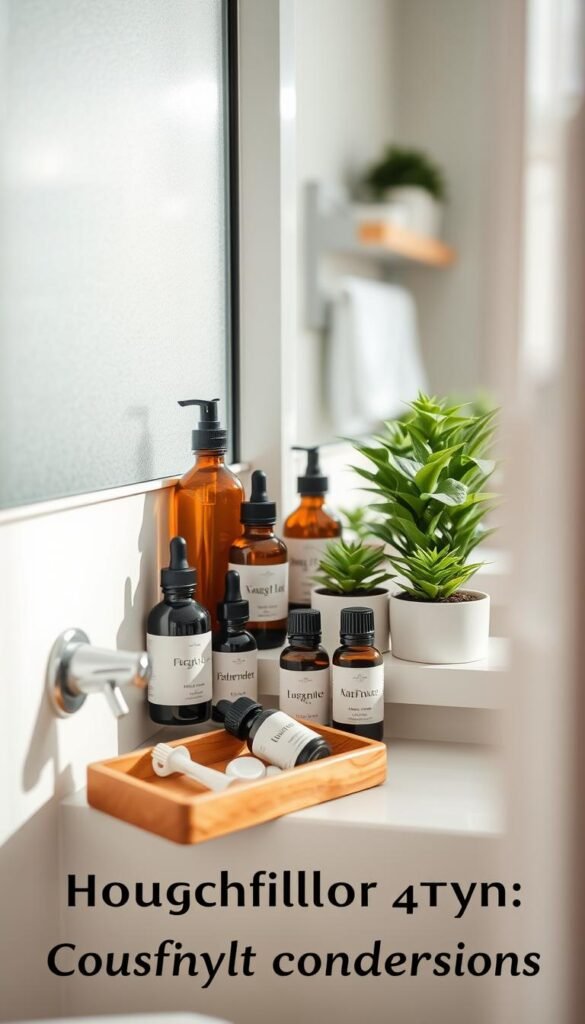 A beautifully arranged small bathroom shelf displaying a curated selection of essential oils, with elegant bottles in various shapes and colors, all positioned gracefully alongside stylish, minimalist hardware. In the foreground, a small wooden tray holds some essential oil accessories like droppers and labels. The middle ground features the shelf with freshly potted plants, creating a calming and inviting atmosphere, highlighted by natural light filtering through a frosted window. In the background, softly blurred, hints of a tidy, modern bathroom layout can be seen. The overall mood is relaxing, with a touch of sophistication, reminiscent of Pinterest-style decor. The scene reflects the theme of thoughtful buying considerations, perfect for a cozy, well-organized bathroom. Captured with a warm color palette and a soft focus lens for a gentle, atmospheric touch. This is a CozyTrendHub inspired setting. A beautifully arranged small bathroom shelf displaying a curated selection of essential oils, with elegant bottles in various shapes and colors, all positioned gracefully alongside stylish, minimalist hardware. In the foreground, a small wooden tray holds some essential oil accessories like droppers and labels. The middle ground features the shelf with freshly potted plants, creating a calming and inviting atmosphere, highlighted by natural light filtering through a frosted window. In the background, softly blurred, hints of a tidy, modern bathroom layout can be seen. The overall mood is relaxing, with a touch of sophistication, reminiscent of Pinterest-style decor. The scene reflects the theme of thoughtful buying considerations, perfect for a cozy, well-organized bathroom. Captured with a warm color palette and a soft focus lens for a gentle, atmospheric touch. This is a CozyTrendHub inspired setting.