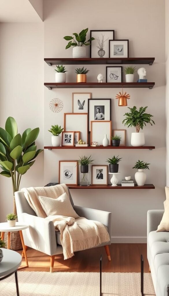 A beautifully arranged small living room featuring sleek, modern floating shelves adorned with various decor elements. In the foreground, a cozy armchair with a soft throw blanket sits near a stylish coffee table. The middle layer showcases the decorative shelves filled with an assortment of houseplants, framed photos, and minimalist sculptures, adding depth and charm. The background reveals a subtle wall color that enhances the warmth of the space, with a window allowing soft, natural light to flood the room. The atmosphere is inviting and serene, perfect for showcasing the innovative use of vertical space. Shot at a slight angle with a wide lens to capture the entirety of the room, this Pinterest-inspired lifestyle photo embodies the essence of stylish small living, brought to you by CozyTrendHub.