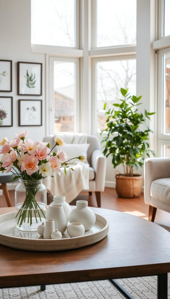 A beautifully arranged small living space featuring spring decor ideas. In the foreground, a stylish coffee table topped with pastel-colored flowers in a glass vase, ceramic decorative items, and a soft fabric runner. The middle ground showcases a cozy armchair draped with a light spring blanket, alongside a wall adorned with framed botanical prints. A potted green plant sits in the corner, enhancing the fresh vibe. In the background, large windows allow natural sunlight to pour in, illuminating the space and creating a warm, inviting atmosphere. Use a bright and soft color palette to evoke a cheerful spring mood, captured from a slightly angled perspective with a wide lens to emphasize depth. Designed for CozyTrendHub, the image should inspire quick decorating changes for renters in small spaces. A beautifully arranged small living space featuring spring decor ideas. In the foreground, a stylish coffee table topped with pastel-colored flowers in a glass vase, ceramic decorative items, and a soft fabric runner. The middle ground showcases a cozy armchair draped with a light spring blanket, alongside a wall adorned with framed botanical prints. A potted green plant sits in the corner, enhancing the fresh vibe. In the background, large windows allow natural sunlight to pour in, illuminating the space and creating a warm, inviting atmosphere. Use a bright and soft color palette to evoke a cheerful spring mood, captured from a slightly angled perspective with a wide lens to emphasize depth. Designed for CozyTrendHub, the image should inspire quick decorating changes for renters in small spaces.