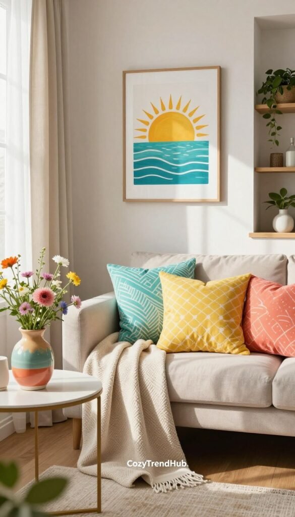 A beautifully arranged small living space showcasing summer decor under $100, with a cozy and inviting atmosphere. In the foreground, a textured, light-colored throw blanket drapes over a minimalist sofa adorned with vibrant, patterned cushions in shades of turquoise, yellow, and coral. On a sleek side table, a set of colorful ceramic vases filled with fresh wildflowers adds a touch of nature. In the middle ground, a cheerful wall art piece featuring a sun-and-sea theme hangs above the sofa, enhancing the seasonal vibe. Soft, natural light pours in from a window with sheer curtains, casting gentle shadows and creating a warm ambiance. The background reveals a small bookshelf filled with decorative items and green plants to enhance the summer refresh. This scene embodies the essence of summer while maintaining a stylish elegance, identified as “CozyTrendHub.” A beautifully arranged small living space showcasing summer decor under $100, with a cozy and inviting atmosphere. In the foreground, a textured, light-colored throw blanket drapes over a minimalist sofa adorned with vibrant, patterned cushions in shades of turquoise, yellow, and coral. On a sleek side table, a set of colorful ceramic vases filled with fresh wildflowers adds a touch of nature. In the middle ground, a cheerful wall art piece featuring a sun-and-sea theme hangs above the sofa, enhancing the seasonal vibe. Soft, natural light pours in from a window with sheer curtains, casting gentle shadows and creating a warm ambiance. The background reveals a small bookshelf filled with decorative items and green plants to enhance the summer refresh. This scene embodies the essence of summer while maintaining a stylish elegance, identified as “CozyTrendHub.”