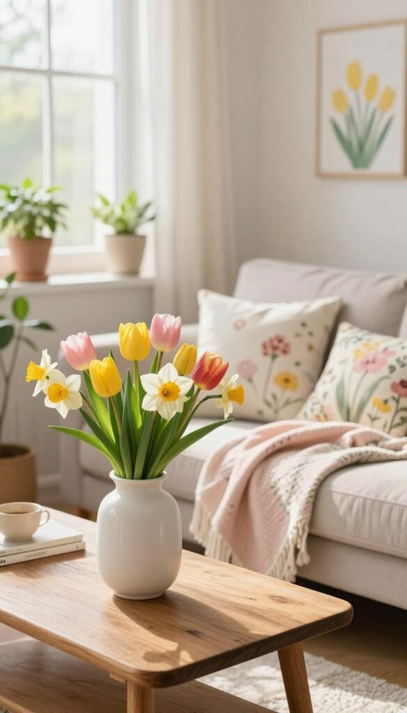 A beautifully arranged small living space showcasing the best spring decor, designed for cozy and stylish living. In the foreground, a delicate white ceramic vase filled with vibrant spring flowers like tulips and daffodils rests on a rustic wooden coffee table. The middle ground features a soft pastel-colored throw blanket draped over a compact sofa, paired with a few decorative cushions in floral patterns. In the background, gentle sunlight streams through a large window adorned with sheer curtains, illuminating the soft greens and yellows of potted plants and wall art with spring themes. The overall atmosphere is warm and inviting, perfect for a Pinterest-style lifestyle image that resonates with home decor lovers. Capture this with a soft focus lens effect to evoke a serene, cheerful mood. Include subtle branding for "CozyTrendHub" in the scene. A beautifully arranged small living space showcasing the best spring decor, designed for cozy and stylish living. In the foreground, a delicate white ceramic vase filled with vibrant spring flowers like tulips and daffodils rests on a rustic wooden coffee table. The middle ground features a soft pastel-colored throw blanket draped over a compact sofa, paired with a few decorative cushions in floral patterns. In the background, gentle sunlight streams through a large window adorned with sheer curtains, illuminating the soft greens and yellows of potted plants and wall art with spring themes. The overall atmosphere is warm and inviting, perfect for a Pinterest-style lifestyle image that resonates with home decor lovers. Capture this with a soft focus lens effect to evoke a serene, cheerful mood. Include subtle branding for "CozyTrendHub" in the scene.