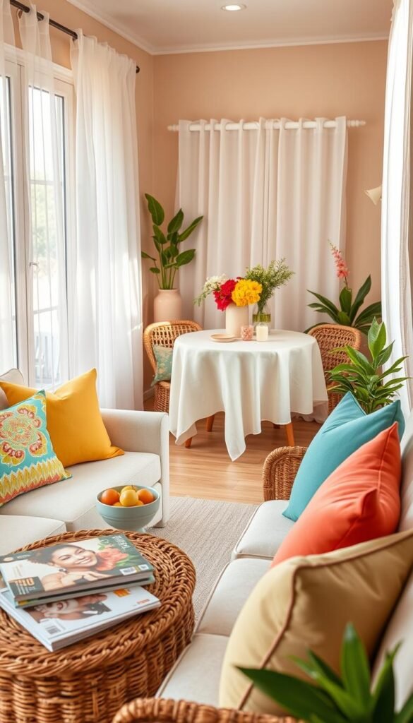 A beautifully arranged small living space that exudes summer charm, showcasing a cozy nook filled with vibrant decor. In the foreground, a light, airy sofa adorned with colorful throw pillows in shades of yellow, teal, and coral. A wicker coffee table holds a bowl of fresh fruit and a stack of summer-themed magazines. In the middle, a compact dining area with a small round table draped in a pastel tablecloth, surrounded by potted plants and decorative candles. The background features large windows with sheer white curtains letting in warm, natural light, illuminating fresh flowers in bright vases. The entire scene radiates a cheerful, inviting atmosphere, perfect for summer. Style inspired by CozyTrendHub, captured in a warm, inviting light with a soft focus, evoking a relaxed, joyful mood. A beautifully arranged small living space that exudes summer charm, showcasing a cozy nook filled with vibrant decor. In the foreground, a light, airy sofa adorned with colorful throw pillows in shades of yellow, teal, and coral. A wicker coffee table holds a bowl of fresh fruit and a stack of summer-themed magazines. In the middle, a compact dining area with a small round table draped in a pastel tablecloth, surrounded by potted plants and decorative candles. The background features large windows with sheer white curtains letting in warm, natural light, illuminating fresh flowers in bright vases. The entire scene radiates a cheerful, inviting atmosphere, perfect for summer. Style inspired by CozyTrendHub, captured in a warm, inviting light with a soft focus, evoking a relaxed, joyful mood.