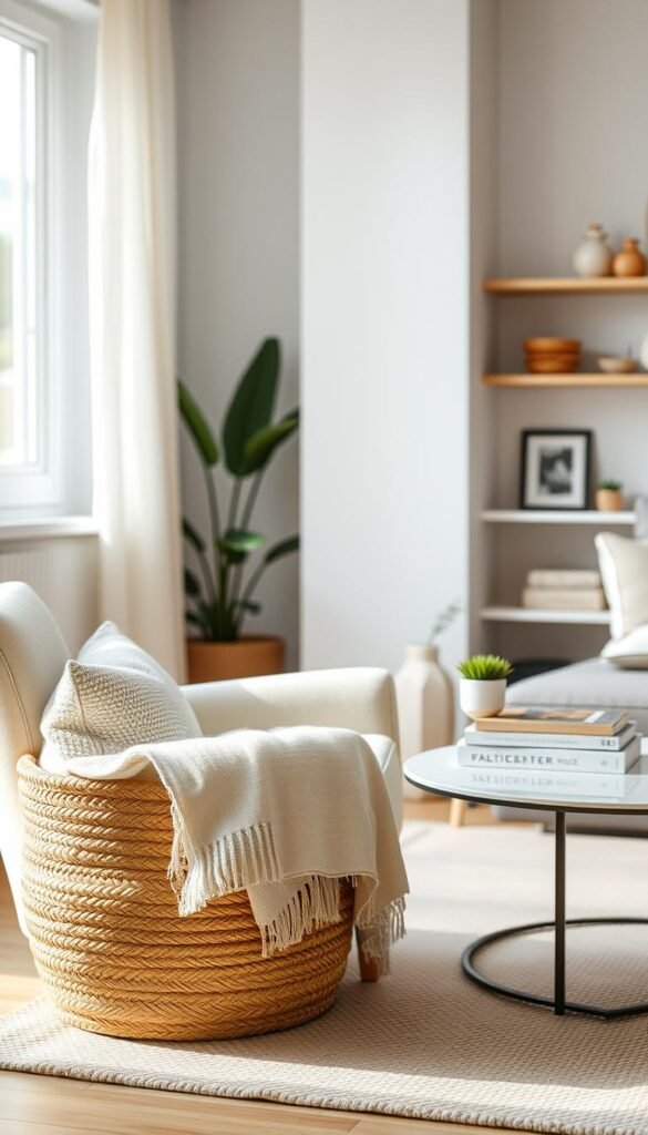 A beautifully arranged small room showcasing aesthetic decor ideas for compact living. In the foreground, a stylish, light-colored armchair sits beside a cozy woven basket filled with soft blankets, perfect for maximizing comfort without overcrowding. The middle layer features a sleek, small coffee table adorned with minimalist decor items like a small potted plant and a stack of art books. The background offers a glimpse of chic wall art and subtle shelving displaying curated accessories. Soft, natural light spills through a window, creating a warm and inviting atmosphere. Use a shallow depth of field to highlight the decor while keeping the background slightly blurred. The overall mood is tranquil and stylish, embodying the essence of CozyTrendHub's aesthetic for small spaces. A beautifully arranged small room showcasing aesthetic decor ideas for compact living. In the foreground, a stylish, light-colored armchair sits beside a cozy woven basket filled with soft blankets, perfect for maximizing comfort without overcrowding. The middle layer features a sleek, small coffee table adorned with minimalist decor items like a small potted plant and a stack of art books. The background offers a glimpse of chic wall art and subtle shelving displaying curated accessories. Soft, natural light spills through a window, creating a warm and inviting atmosphere. Use a shallow depth of field to highlight the decor while keeping the background slightly blurred. The overall mood is tranquil and stylish, embodying the essence of CozyTrendHub's aesthetic for small spaces.