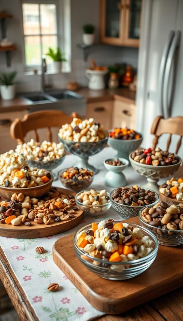 A beautifully arranged snack mix spread on a rustic wooden table, designed for celebrating Easter in small homes. In the foreground, an assortment of colorful snack mixes including popcorn, nuts, chocolate-covered treats, and dried fruits, artfully displayed in charming glass bowls and wooden trays. The middle ground features a pastel-themed tablecloth with delicate floral patterns, adding a seasonal touch. The background softly blurs, depicting a cozy, inviting kitchen space with gentle, natural light streaming through a window, highlighting the festive vibe. Capture this in a warm, inviting atmosphere that emphasizes community and shared moments without excess mess. The composition should reflect a Pinterest-style aesthetic, ideal for "CozyTrendHub." A beautifully arranged snack mix spread on a rustic wooden table, designed for celebrating Easter in small homes. In the foreground, an assortment of colorful snack mixes including popcorn, nuts, chocolate-covered treats, and dried fruits, artfully displayed in charming glass bowls and wooden trays. The middle ground features a pastel-themed tablecloth with delicate floral patterns, adding a seasonal touch. The background softly blurs, depicting a cozy, inviting kitchen space with gentle, natural light streaming through a window, highlighting the festive vibe. Capture this in a warm, inviting atmosphere that emphasizes community and shared moments without excess mess. The composition should reflect a Pinterest-style aesthetic, ideal for "CozyTrendHub."