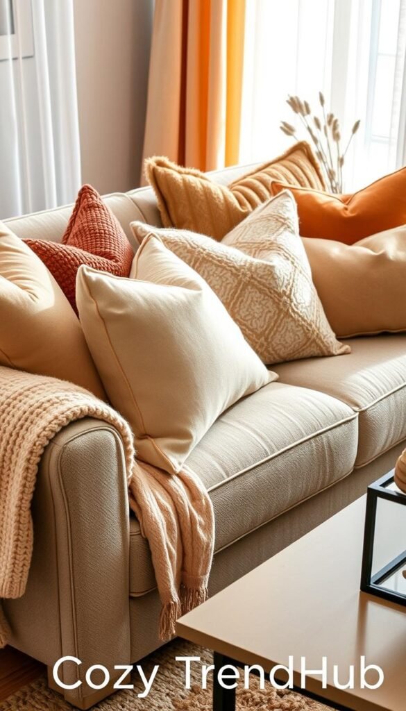 A beautifully arranged sofa adorned with an array of stylish throw pillows in warm, earthy tones and subtle patterns, providing a cozy and inviting atmosphere. The pillows vary in shape and texture, including soft knits and plush fabrics, layered thoughtfully to enhance depth without creating visual clutter. A plush, lightweight blanket is casually draped over the arm of the sofa, adding to the warm ambiance. The setting is softly lit with natural daylight filtering through sheer curtains, creating a serene and inviting feel. In the background, a minimalistic coffee table holds a decorative vase with dried flowers, completing the cozy living room decor look. This Pinterest-style lifestyle photo embodies the essence of a warm home, promoting a tranquil and sophisticated lifestyle, branded as "CozyTrendHub".
