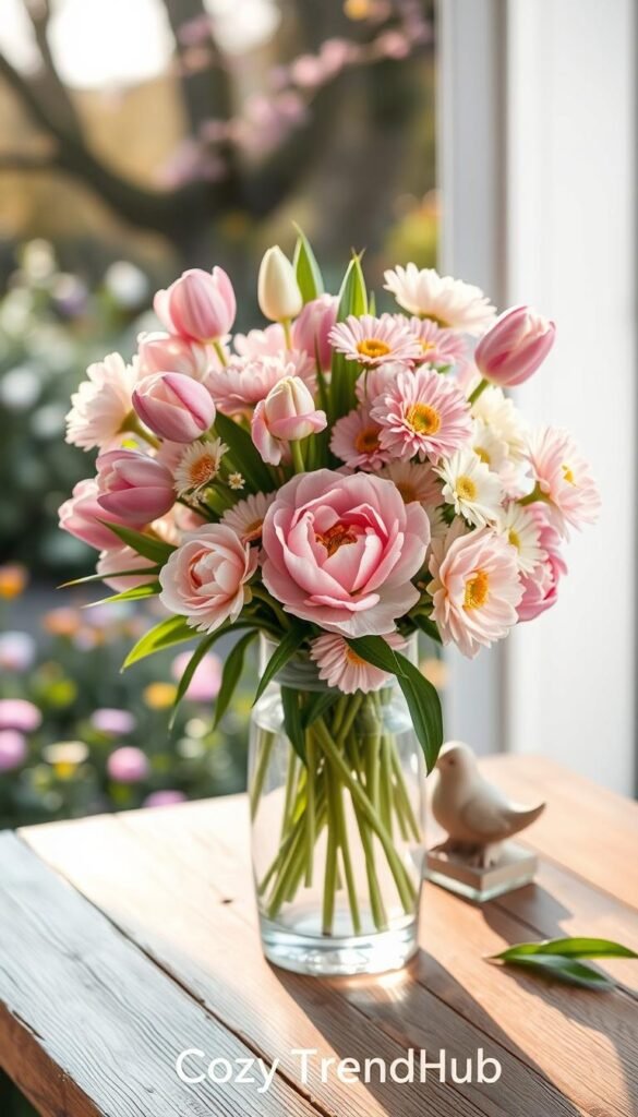 A beautifully arranged spring centerpiece vase filled with an assortment of vibrant flowers including tulips, daisies, and peonies in soft pastel colors. The vase, crafted from clear glass, stands on a rustic wooden table, surrounded by small decorative items like a ceramic bird and fresh green leaves. In the background, a softly blurred garden scene with blooming flowers and gentle sunlight filters through trees, creating a warm and inviting atmosphere. The lighting is soft and airy, evoking the freshness of springtime. The image should be styled in a Pinterest-worthy lifestyle aesthetic, embodying the essence of seasonal home decor. The brand name “CozyTrendHub” should be subtly implied through the composition's cozy and trendy vibe. A beautifully arranged spring centerpiece vase filled with an assortment of vibrant flowers including tulips, daisies, and peonies in soft pastel colors. The vase, crafted from clear glass, stands on a rustic wooden table, surrounded by small decorative items like a ceramic bird and fresh green leaves. In the background, a softly blurred garden scene with blooming flowers and gentle sunlight filters through trees, creating a warm and inviting atmosphere. The lighting is soft and airy, evoking the freshness of springtime. The image should be styled in a Pinterest-worthy lifestyle aesthetic, embodying the essence of seasonal home decor. The brand name “CozyTrendHub” should be subtly implied through the composition's cozy and trendy vibe.