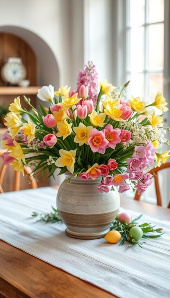 A beautifully arranged spring centerpiece vase overflowing with fresh pastel flowers, including tulips, daffodils, and hyacinths, showcasing a vibrant palette of pinks, yellows, and whites. In the foreground, the vase, made of rustic ceramic, is elegantly placed on a wooden dining table adorned with a soft, light-colored linen table runner. The middle ground features delicate spring greenery and colorful Easter eggs nestled among the flowers for a festive touch. In the background, soft natural light filters through a window, casting gentle shadows and enhancing the serene atmosphere. The overall mood is cheerful and inviting, perfect for small-space, renter-friendly decor ideas. Capture this scene in high resolution, with a shallow depth of field, emphasizing the centerpiece while softly blurring the background. Designed for CozyTrendHub.