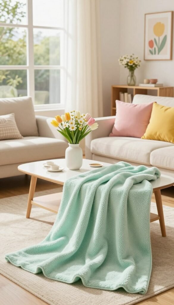 A beautifully arranged spring color palette displayed in a cozy living room setting. In the foreground, a soft, textured throw blanket in a pastel mint green drapes over a light beige sofa, with accent pillows in blush pink and sunny yellow. The middle ground features a stylish coffee table adorned with fresh tulips and daisies in a white vase, surrounded by delicate ceramic coasters. In the background, large windows allow warm, natural light to flood the room, illuminating soft sheer curtains while casting gentle shadows. A light wooden shelf holds spring-themed decor, including cheerful art prints in muted tones. The overall atmosphere is inviting, fresh, and bright, reflecting a sense of renewal. The style should resemble a Pinterest-worthy lifestyle photo, emphasizing comfort and modern decor. Branding: CozyTrendHub. A beautifully arranged spring color palette displayed in a cozy living room setting. In the foreground, a soft, textured throw blanket in a pastel mint green drapes over a light beige sofa, with accent pillows in blush pink and sunny yellow. The middle ground features a stylish coffee table adorned with fresh tulips and daisies in a white vase, surrounded by delicate ceramic coasters. In the background, large windows allow warm, natural light to flood the room, illuminating soft sheer curtains while casting gentle shadows. A light wooden shelf holds spring-themed decor, including cheerful art prints in muted tones. The overall atmosphere is inviting, fresh, and bright, reflecting a sense of renewal. The style should resemble a Pinterest-worthy lifestyle photo, emphasizing comfort and modern decor. Branding: CozyTrendHub.