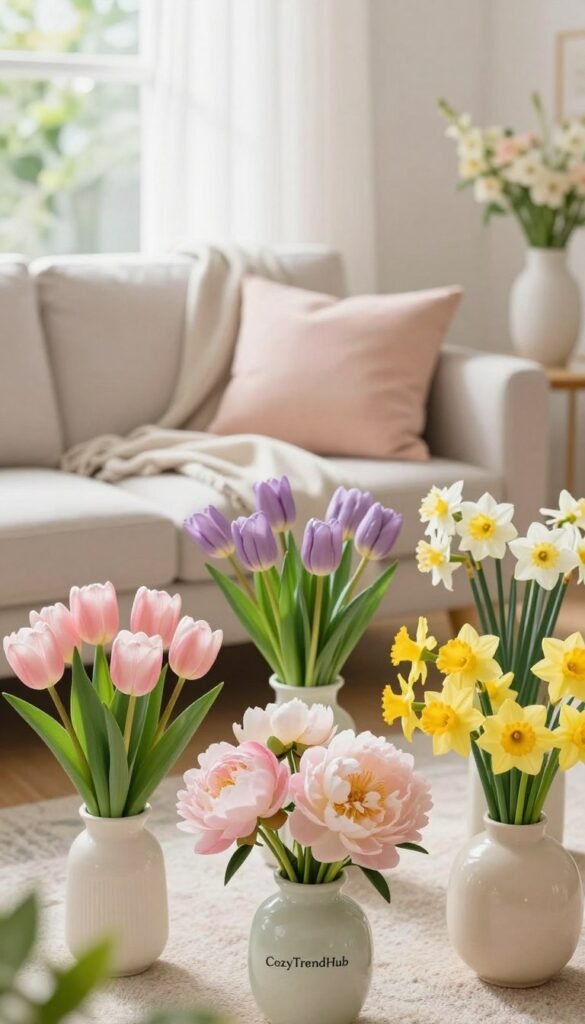 A beautifully arranged spring color palette featuring soft pastels and vibrant floral hues, ideal for a living room setting. In the foreground, delicate spring flowers like tulips, peonies, and daffodils in elegant vases showcase colors such as blush pink, lavender, fresh green, and sunny yellow. The middle ground captures a cozy living room with a light, airy feel, including a neutral sofa draped with a soft throw and colorful accent pillows, that complements the floral decor. The background is softly illuminated by natural light filtering through sheer curtains, enhancing a serene atmosphere. A hint of greenery can be seen outside the window. Capture this image in a warm and inviting style, reminiscent of Pinterest aesthetics, while incorporating the brand "CozyTrendHub".