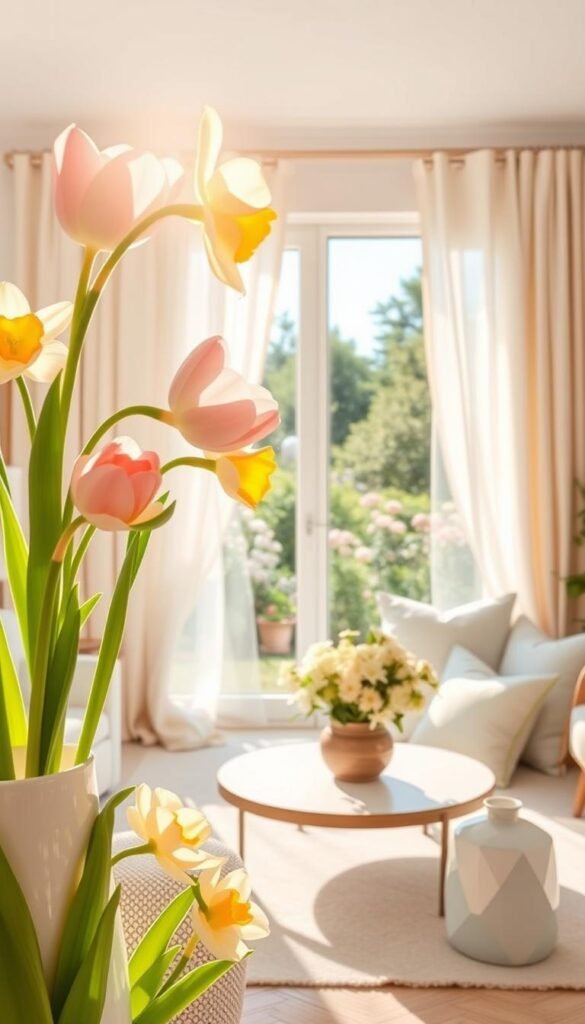 A beautifully arranged spring color palette showcasing soft pastel hues such as blush pink, mint green, and buttery yellow. In the foreground, delicate tulips and daffodils in stylish ceramic vases, their petals catching the warm golden sunlight. The middle layer features a cozy living space with light, airy curtains fluttering in a gentle breeze, a coffee table adorned with a fresh flower arrangement, and spring-themed decorative pillows. The background reveals a serene garden view, filled with blooming flowers and lush greenery under a bright blue sky. Soft, natural lighting enhances the cheerful ambiance, captured with a wide-angle lens to emphasize spaciousness. This scene evokes a fresh, uplifting atmosphere perfect for a quick, impactful spring decor update. Designed for CozyTrendHub, ideal for Pinterest-style inspiration. A beautifully arranged spring color palette showcasing soft pastel hues such as blush pink, mint green, and buttery yellow. In the foreground, delicate tulips and daffodils in stylish ceramic vases, their petals catching the warm golden sunlight. The middle layer features a cozy living space with light, airy curtains fluttering in a gentle breeze, a coffee table adorned with a fresh flower arrangement, and spring-themed decorative pillows. The background reveals a serene garden view, filled with blooming flowers and lush greenery under a bright blue sky. Soft, natural lighting enhances the cheerful ambiance, captured with a wide-angle lens to emphasize spaciousness. This scene evokes a fresh, uplifting atmosphere perfect for a quick, impactful spring decor update. Designed for CozyTrendHub, ideal for Pinterest-style inspiration.