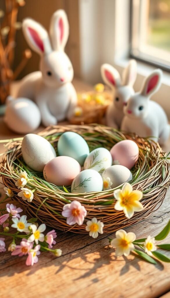 A beautifully arranged spring decor scene featuring pastel-colored eggs in various sizes, nestled in a soft, grassy nest atop a rustic wooden table. The foreground showcases delicate floral accents, such as hyacinths and daisies in soft pinks and yellows, creating a cheerful ambiance. In the middle, the eggs display intricate hand-painted designs, including whimsical patterns and subtle metallic touches that catch the light. The background is dotted with soft-focus bunnies made of felt and natural elements, creating an inviting spring atmosphere. The lighting is warm and natural, resembling golden hour sun, casting gentle shadows to enhance depth. Capture this cozy, Pinterest-style lifestyle setting for "CozyTrendHub," evoking a serene and uplifting mood reflective of the season. A beautifully arranged spring decor scene featuring pastel-colored eggs in various sizes, nestled in a soft, grassy nest atop a rustic wooden table. The foreground showcases delicate floral accents, such as hyacinths and daisies in soft pinks and yellows, creating a cheerful ambiance. In the middle, the eggs display intricate hand-painted designs, including whimsical patterns and subtle metallic touches that catch the light. The background is dotted with soft-focus bunnies made of felt and natural elements, creating an inviting spring atmosphere. The lighting is warm and natural, resembling golden hour sun, casting gentle shadows to enhance depth. Capture this cozy, Pinterest-style lifestyle setting for "CozyTrendHub," evoking a serene and uplifting mood reflective of the season.