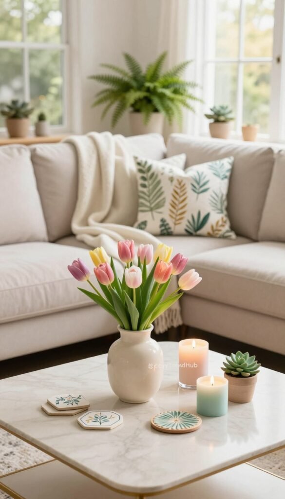 A beautifully arranged spring decor scene focused on a stylish living room. In the foreground, a light, elegant coffee table adorned with fresh tulips in a chic vase, delicate pastel-hued candles, and artfully placed decorative coasters. The middle section showcases a plush, neutral sofa draped with a soft throw blanket and adorned with botanical-patterned pillows. The background features large windows letting in warm, natural light, enhancing the vibrant colors of the decor. Soft greenery accents, such as potted ferns and small succulents, bring freshness to the space. The atmosphere is inviting and cheerful, evoking a sense of elegance balanced with comfort, perfect for a spring setting. This image should reflect the brand "CozyTrendHub" and convey a high-end aesthetic without the hefty price tag. A beautifully arranged spring decor scene focused on a stylish living room. In the foreground, a light, elegant coffee table adorned with fresh tulips in a chic vase, delicate pastel-hued candles, and artfully placed decorative coasters. The middle section showcases a plush, neutral sofa draped with a soft throw blanket and adorned with botanical-patterned pillows. The background features large windows letting in warm, natural light, enhancing the vibrant colors of the decor. Soft greenery accents, such as potted ferns and small succulents, bring freshness to the space. The atmosphere is inviting and cheerful, evoking a sense of elegance balanced with comfort, perfect for a spring setting. This image should reflect the brand "CozyTrendHub" and convey a high-end aesthetic without the hefty price tag.