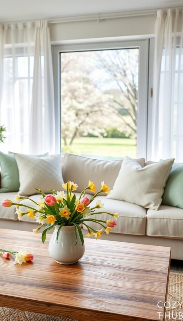 A beautifully arranged spring decor scene showcasing a cozy living room setting, featuring a light pastel color palette. In the foreground, a wooden coffee table adorned with a fresh bouquet of blooming tulips and daffodils in a ceramic vase. Soft, textured throw pillows in shades of mint and peach scatter across a light beige couch. In the middle, large windows allow natural daylight to stream in, highlighting sheer white curtains that sway gently in the breeze. The background reveals a well-kept green garden visible through the glass, which includes blossoming cherry trees. The atmosphere is bright, inviting, and fresh, evoking a sense of renewal and warmth typical of spring. Shot with a wide-angle lens to capture the entire scene, illuminating the cozy elegance. This image embodies the essence of spring accent decor, perfect for CozyTrendHub.