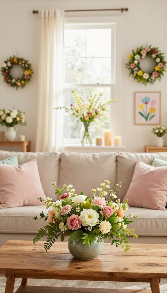 A beautifully arranged spring decor scene showcasing the balance of under-$50 items versus high-end splurge pieces. In the foreground, a cozy living room setting features a stylish, affordable floral centerpiece on a rustic wooden coffee table, with vibrant greenery and pastel-colored pillows adorning a beige sofa. The middle layer highlights an elegant glass vase and fragrant candles, representing the splurge options, contrasting with budget-friendly decorations like colorful wreaths and cheerful wall art. The background captures a softly illuminated window draped in sheer curtains, allowing warm, natural light to fill the space. The atmosphere is inviting and cheerful, evoking the freshness of spring. Shot with a 50mm lens to create a depth of field effect, with a bright color palette enhancing the seasonal theme. CozyTrendHub branding subtly suggested through the decor style. A beautifully arranged spring decor scene showcasing the balance of under-$50 items versus high-end splurge pieces. In the foreground, a cozy living room setting features a stylish, affordable floral centerpiece on a rustic wooden coffee table, with vibrant greenery and pastel-colored pillows adorning a beige sofa. The middle layer highlights an elegant glass vase and fragrant candles, representing the splurge options, contrasting with budget-friendly decorations like colorful wreaths and cheerful wall art. The background captures a softly illuminated window draped in sheer curtains, allowing warm, natural light to fill the space. The atmosphere is inviting and cheerful, evoking the freshness of spring. Shot with a 50mm lens to create a depth of field effect, with a bright color palette enhancing the seasonal theme. CozyTrendHub branding subtly suggested through the decor style.