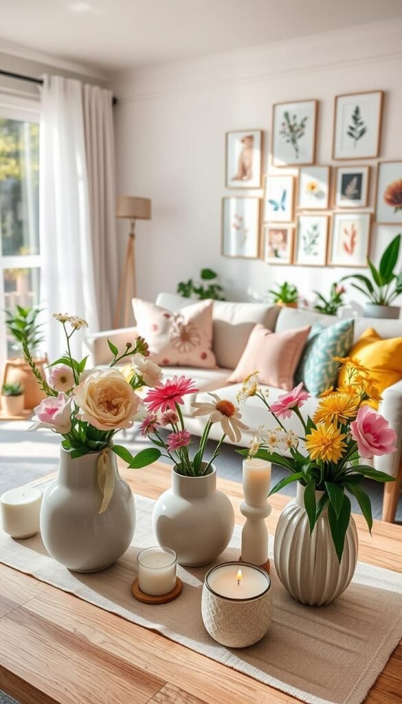 A beautifully arranged spring decor scene that showcases a variety of fresh, vibrant elements. In the foreground, a stylish coffee table adorned with pastel-colored flowers in ceramic vases, a light linen table runner, and an assortment of decorative candles. The middle ground features a cozy living room with light, airy curtains allowing sunlight to filter in, illuminating a soft, neutral-toned sofa with colorful throw pillows. In the background, a spring-inspired gallery wall adorned with nature-themed artwork, and potted plants adding a touch of greenery. The ambiance feels cheerful and inviting, reminiscent of a Pinterest inspiration board. Capture the image with soft, natural lighting using a wide-angle lens to enhance the spacious and welcoming atmosphere. This scene perfectly embodies seasonal refreshment from CozyTrendHub.