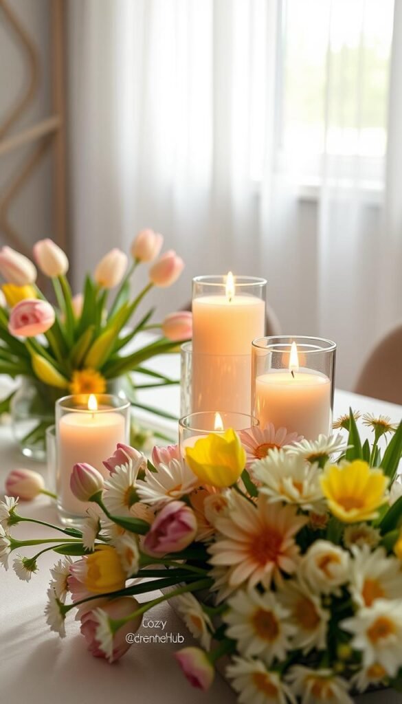 A beautifully arranged spring-inspired tabletop featuring an array of elegant candles in soft pastel hues&mdash;pinks, yellows, greens&mdash;within simple glass holders. In the foreground, a lush, blooming bouquet of fresh spring flowers, such as tulips and daisies, enhances the atmosphere. The middle ground showcases the candles delicately illuminating the scene, creating a warm, inviting glow. The background subtly includes hints of a sunlit window with sheer curtains fluttering gently, casting soft shadows that add depth to the image. The composition exudes a cozy and tranquil vibe, perfect for a spring refresh. Showcase this stylish d&eacute;cor in a clean, modern setting, embodying the essence of "CozyTrendHub" lifestyle aesthetics. Natural light should highlight the textures, ensuring the entire scene feels refreshing and uplifting.