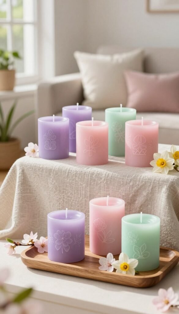 A beautifully arranged spring scent decor display featuring elegant candles in various pastel hues such as lavender, soft pink, and mint green. In the foreground, a cluster of stylishly designed candles sits on a wooden tray adorned with delicate blossoms like cherry blossoms and daffodils. The middle layer showcases a chic, textured tablecloth draped under the arrangement, enhancing the overall aesthetic. In the background, a softly blurred vignette reveals a cozy living space with fresh greenery and decorative pillows that complement the spring theme. Natural sunlight filters in through a nearby window, casting a warm, inviting glow. The mood is serene and uplifting, perfect for modern home decor. This image embodies the essence of high-end spring decor under $50 by CozyTrendHub. A beautifully arranged spring scent decor display featuring elegant candles in various pastel hues such as lavender, soft pink, and mint green. In the foreground, a cluster of stylishly designed candles sits on a wooden tray adorned with delicate blossoms like cherry blossoms and daffodils. The middle layer showcases a chic, textured tablecloth draped under the arrangement, enhancing the overall aesthetic. In the background, a softly blurred vignette reveals a cozy living space with fresh greenery and decorative pillows that complement the spring theme. Natural sunlight filters in through a nearby window, casting a warm, inviting glow. The mood is serene and uplifting, perfect for modern home decor. This image embodies the essence of high-end spring decor under $50 by CozyTrendHub.