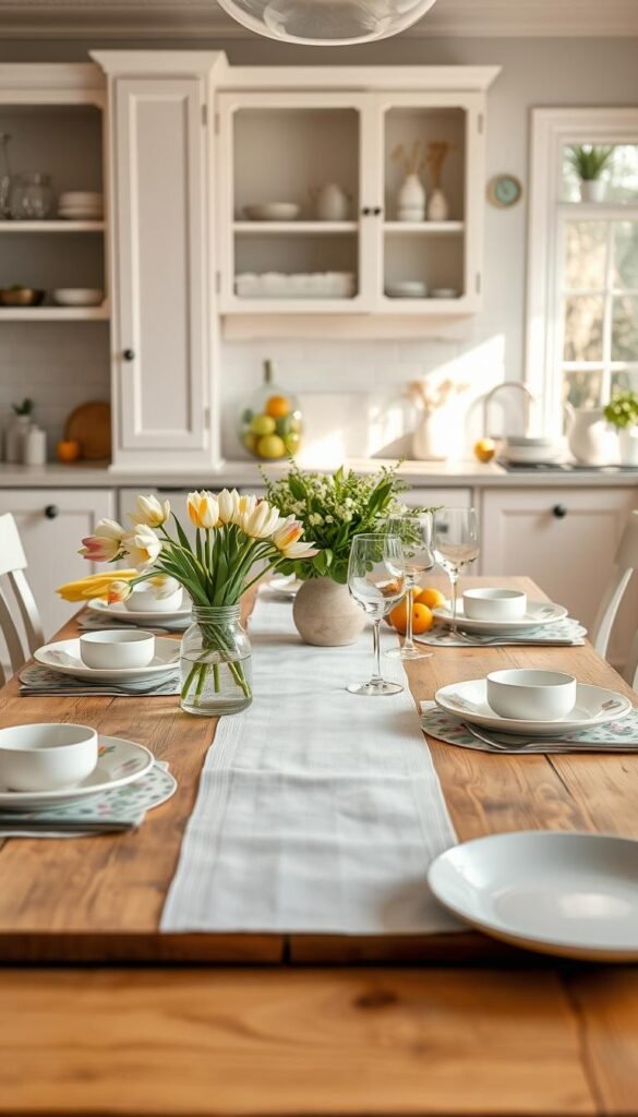 A beautifully arranged spring table set for a cozy gathering, showcasing a light, airy atmosphere. In the foreground, a rustic wooden table is adorned with pastel-colored dinnerware and delicate floral placemats. A small vase filled with fresh tulips and daffodils contrasts with a subtle white table runner. In the middle, elegant glassware sparkles under soft, natural lighting filtering through a nearby window. Bright greenery sits alongside seasonal fruits, inviting a cheerful vibe. In the background, light pastel-colored kitchen cabinetry and open shelving display simple, chic decor items, enhancing the ambiance without clutter. The overall mood is warm and welcoming, perfect for shared homes. Render in high-quality, magazine-style photography, capturing the essence of spring decor for CozyTrendHub.