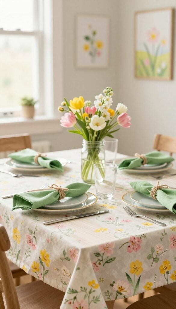 A beautifully arranged spring table set for a gathering in a small, sunlit dining space. In the foreground, a light wooden table is adorned with a pastel-colored floral tablecloth, featuring scenes of delicate blossoms in soft pinks and yellows. Elegant white dinnerware with gold accents rests beside vibrant green napkins, tied with twine into rustic bows. In the middle background, a simple centerpiece of fresh flowers in a mason jar adds a pop of color. Soft, natural lighting filters through a nearby window, casting a warm glow that enhances the cheerful, inviting atmosphere. On the walls, subtle spring-themed art adds to the cheerful decor, reflecting the cozy elegance of cozy yet practical designs. Captured in a warm, inviting tone, this image embodies the essence of spring table decor for renters looking to elevate their space with style, as inspired by CozyTrendHub.