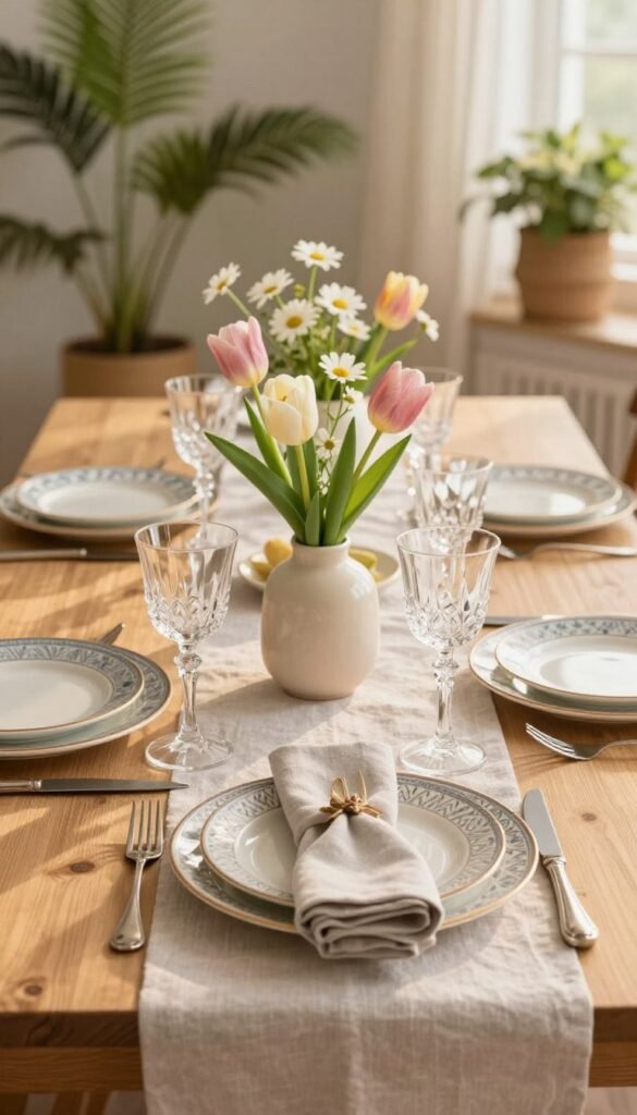 A beautifully arranged spring table setting for both everyday meals and special occasions. In the foreground, an elegant wooden table is adorned with a soft pastel tablecloth. Delicate floral centerpieces featuring tulips and daisies in a minimalist vase, complemented by handmade linen napkins and vintage-style cutlery. The middle ground showcases intricately designed plates, each with a unique pattern, seamlessly blending traditional and modern aesthetics. Crystal glasses catch the soft golden hour lighting, creating a warm ambiance. In the background, fresh greenery and potted plants add a touch of nature, enhancing the spring theme. The scene feels inviting and bright, perfect for gathering around with friends and family. Captured with a shallow depth of field for a soft focus effect, this image embodies a fresh, cozy atmosphere. CozyTrendHub.