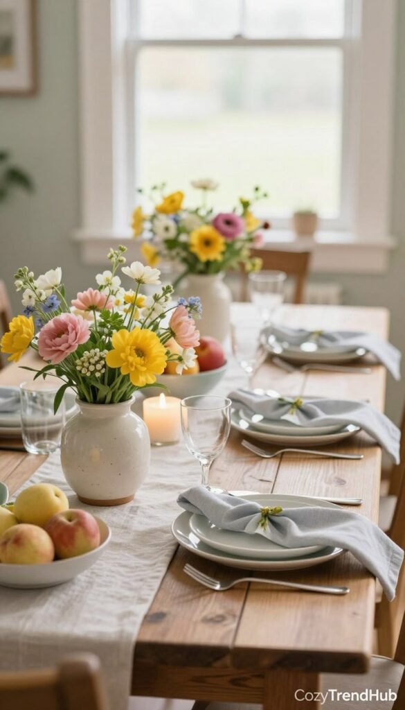 A beautifully arranged spring tablescape featuring a rustic wooden dining table set for a casual meal. In the foreground, vibrant fresh flowers in a ceramic vase, delicate white tableware, and pastel-colored napkins create a cheerful atmosphere. The middle layer includes a light-colored tablecloth, complemented by seasonal fruits in bowls and small candles for a warm glow. Consider a soft-focus effect for added texture. The background showcases a bright window, letting in natural light that highlights the colors and details of the decor. Capture this scene with a warm, inviting mood, reminiscent of a cozy brunch setting. Styled under soft diffused lighting for an intimate feel, embodying the essence of seasonal refreshment. Perfectly embodying the spirit of "CozyTrendHub."