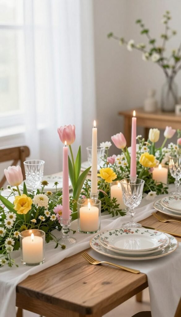 A beautifully arranged spring tablescape featuring a variety of elegant candle options. In the foreground, a rustic wooden table is adorned with an array of pastel-colored candles in various heights, some encased in delicate glass holders, casting a warm, inviting glow. Surrounding the candles are fresh spring flowers such as tulips and daisies in soft pinks and yellows, interspersed with lush greenery. In the middle, a crisp white tablecloth complements ceramic plates with floral patterns, gold cutlery, and sparkling crystal glasses. The background shows a light-filled room with soft, sheer curtains and a hint of blooming branches on a side table. The lighting is natural and bright, creating an uplifting atmosphere. This image embodies the essence of spring, perfect for everyday and special occasions, showcased by CozyTrendHub.