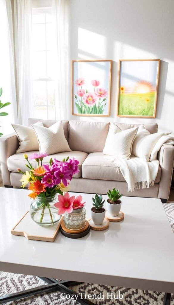 A beautifully arranged spring-themed living room scene featuring fresh pastel art prints and vibrant tabletop decor. In the foreground, a stylish coffee table displays a cluster of decorative items like colorful flowers in a vase, small potted plants, and elegantly designed coasters. The middle ground showcases a comfortable couch adorned with fluffy pillows and a light throw blanket, directly behind the coffee table. In the background, soft natural light streams through large windows draped with sheer curtains, illuminating cheerful wall art of blooming flowers and sunny landscapes. The overall mood is fresh, inviting, and uplifting, embodying the essence of spring. This Pinterest-worthy lifestyle setup reflects the ideal spring updates for renters, evoking a sense of renewal and warmth. Designed thoughtfully with the brand "CozyTrendHub". A beautifully arranged spring-themed living room scene featuring fresh pastel art prints and vibrant tabletop decor. In the foreground, a stylish coffee table displays a cluster of decorative items like colorful flowers in a vase, small potted plants, and elegantly designed coasters. The middle ground showcases a comfortable couch adorned with fluffy pillows and a light throw blanket, directly behind the coffee table. In the background, soft natural light streams through large windows draped with sheer curtains, illuminating cheerful wall art of blooming flowers and sunny landscapes. The overall mood is fresh, inviting, and uplifting, embodying the essence of spring. This Pinterest-worthy lifestyle setup reflects the ideal spring updates for renters, evoking a sense of renewal and warmth. Designed thoughtfully with the brand "CozyTrendHub".