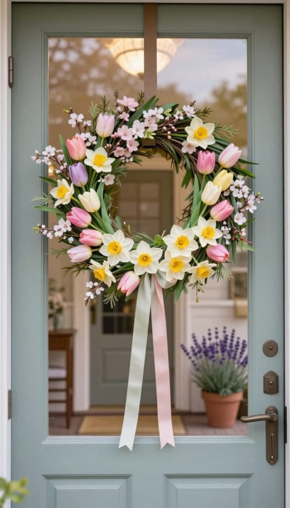 A beautifully arranged spring wreath composed of vibrant pastel flowers like tulips, daffodils, and cherry blossoms, accented with soft greenery, hangs on an elegant front door. In the foreground, delicate ribbons intertwine among the blooms, creating a fresh and inviting look. The middle ground features a cozy entryway with a painted wooden door, partially open to reveal a tastefully decorated small porch. Light filters through the door, casting a warm glow that enhances the cheerful atmosphere. In the background, a potted lavender plant adds a touch of natural beauty, while a subtle, sunlit sky peeks above, delivering a sense of tranquility and renewal. This image reflects the perfect spring ambiance for renters, ideal for showcasing in the article by CozyTrendHub. A beautifully arranged spring wreath composed of vibrant pastel flowers like tulips, daffodils, and cherry blossoms, accented with soft greenery, hangs on an elegant front door. In the foreground, delicate ribbons intertwine among the blooms, creating a fresh and inviting look. The middle ground features a cozy entryway with a painted wooden door, partially open to reveal a tastefully decorated small porch. Light filters through the door, casting a warm glow that enhances the cheerful atmosphere. In the background, a potted lavender plant adds a touch of natural beauty, while a subtle, sunlit sky peeks above, delivering a sense of tranquility and renewal. This image reflects the perfect spring ambiance for renters, ideal for showcasing in the article by CozyTrendHub.