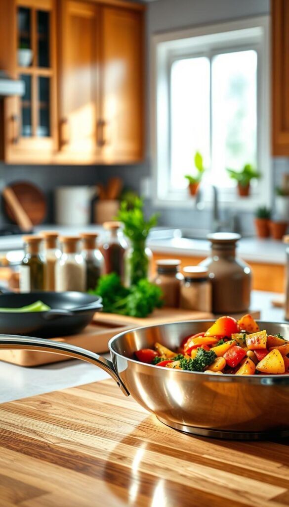 A beautifully arranged stainless steel skillet sits prominently in the foreground, reflecting warm kitchen lighting with a polished shine. The skillet is filled with colorful, saut&eacute;ed vegetables, showcasing its versatility. In the middle ground, a well-stocked kitchen counter features fresh herbs and spices neatly arranged in rustic jars, alongside a cast iron skillet and a ceramic pan for comparison, hinting at the article's focus. The background offers a softly blurred kitchen with wooden cabinets, creating a cozy atmosphere. Soft natural light pours in from a nearby window, adding a warm, inviting glow. The scene conveys a modern yet homey aesthetic, perfect for aspiring home cooks. Capture this inviting kitchen setup in a lifestyle style by CozyTrendHub.