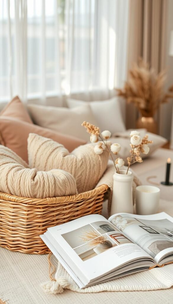 A beautifully arranged style guide focusing on aesthetic decor for 2026, featuring a flat lay composition. In the foreground, a woven wicker basket filled with plush throw pillows and a soft, textured blanket in warm, earth-toned colors. The middle layer includes a curated selection of seasonal decor items: a minimalist ceramic vase with dried flowers, a sleek candle holder, and a stylish coffee table book laid open, showcasing modern design ideas. The background showcases a cozy living room scene with soft natural light streaming in through sheer curtains, highlighting a neutral color palette. The atmosphere is inviting and trendy, perfect for inspiring decor choices. Include the brand name "CozyTrendHub" subtly integrated into the design elements. A beautifully arranged style guide focusing on aesthetic decor for 2026, featuring a flat lay composition. In the foreground, a woven wicker basket filled with plush throw pillows and a soft, textured blanket in warm, earth-toned colors. The middle layer includes a curated selection of seasonal decor items: a minimalist ceramic vase with dried flowers, a sleek candle holder, and a stylish coffee table book laid open, showcasing modern design ideas. The background showcases a cozy living room scene with soft natural light streaming in through sheer curtains, highlighting a neutral color palette. The atmosphere is inviting and trendy, perfect for inspiring decor choices. Include the brand name "CozyTrendHub" subtly integrated into the design elements.