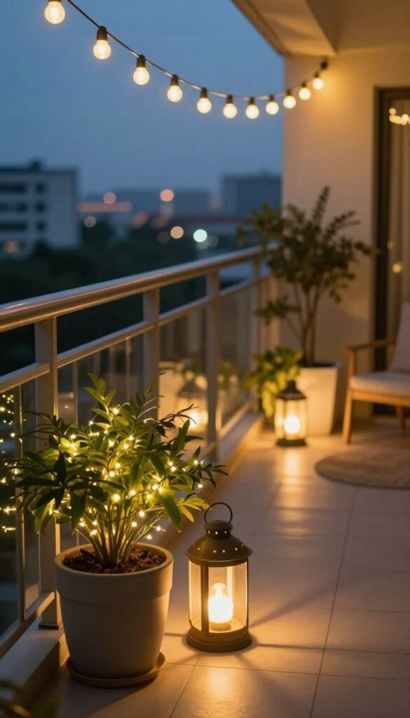 A beautifully arranged summer balcony scene, showcasing cozy lighting options. In the foreground, a stylish outdoor table adorned with warm, glowing fairy lights wrapped around a lush potted plant. The middle ground features elegant lanterns casting soft, ambient light, while a couple of tasteful LED string lights hang overhead, creating a magical glow. In the background, a softly blurred cityscape at twilight enhances the atmosphere. The shot is taken from a slight angle to capture depth, using a warm color palette. The mood is inviting and serene, perfect for summer evenings. Designed to reflect the essence of outdoor decor, this image embodies the brand "CozyTrendHub" with a focus on lifestyle and seasonal themes. A beautifully arranged summer balcony scene, showcasing cozy lighting options. In the foreground, a stylish outdoor table adorned with warm, glowing fairy lights wrapped around a lush potted plant. The middle ground features elegant lanterns casting soft, ambient light, while a couple of tasteful LED string lights hang overhead, creating a magical glow. In the background, a softly blurred cityscape at twilight enhances the atmosphere. The shot is taken from a slight angle to capture depth, using a warm color palette. The mood is inviting and serene, perfect for summer evenings. Designed to reflect the essence of outdoor decor, this image embodies the brand "CozyTrendHub" with a focus on lifestyle and seasonal themes.