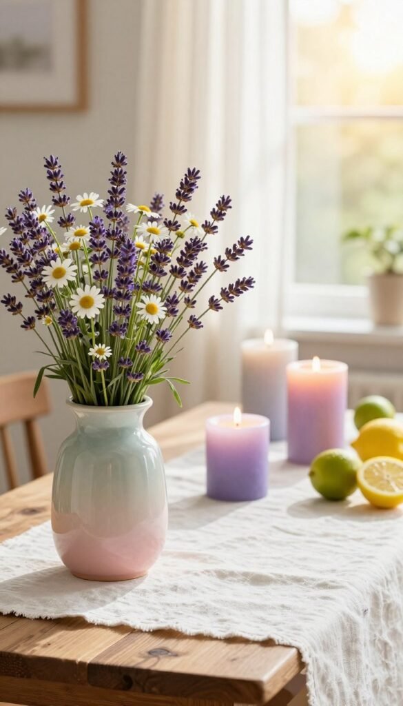 A beautifully arranged summer decor scene that evokes a sense of refreshing scent. In the foreground, a delicate, pastel-colored ceramic vase filled with vibrant, freshly cut lavender and daisies sits on a rustic wooden table. The middle ground features a set of stylish, artisan candles in summery hues, positioned elegantly beside a soft, white linen table runner. The background captures a softly lit window with sheer curtains, allowing warm sunlight to filter through, casting a gentle glow over the entire setting. Fresh fruit like lemons and limes are artfully placed nearby, enhancing the idea of scent and freshness. The atmosphere feels light and breezy, embodying the essence of summer. This image aligns with the aesthetic of CozyTrendHub, showcasing affordable decor options under $100, perfect for a seasonal refresh. A beautifully arranged summer decor scene that evokes a sense of refreshing scent. In the foreground, a delicate, pastel-colored ceramic vase filled with vibrant, freshly cut lavender and daisies sits on a rustic wooden table. The middle ground features a set of stylish, artisan candles in summery hues, positioned elegantly beside a soft, white linen table runner. The background captures a softly lit window with sheer curtains, allowing warm sunlight to filter through, casting a gentle glow over the entire setting. Fresh fruit like lemons and limes are artfully placed nearby, enhancing the idea of scent and freshness. The atmosphere feels light and breezy, embodying the essence of summer. This image aligns with the aesthetic of CozyTrendHub, showcasing affordable decor options under $100, perfect for a seasonal refresh.