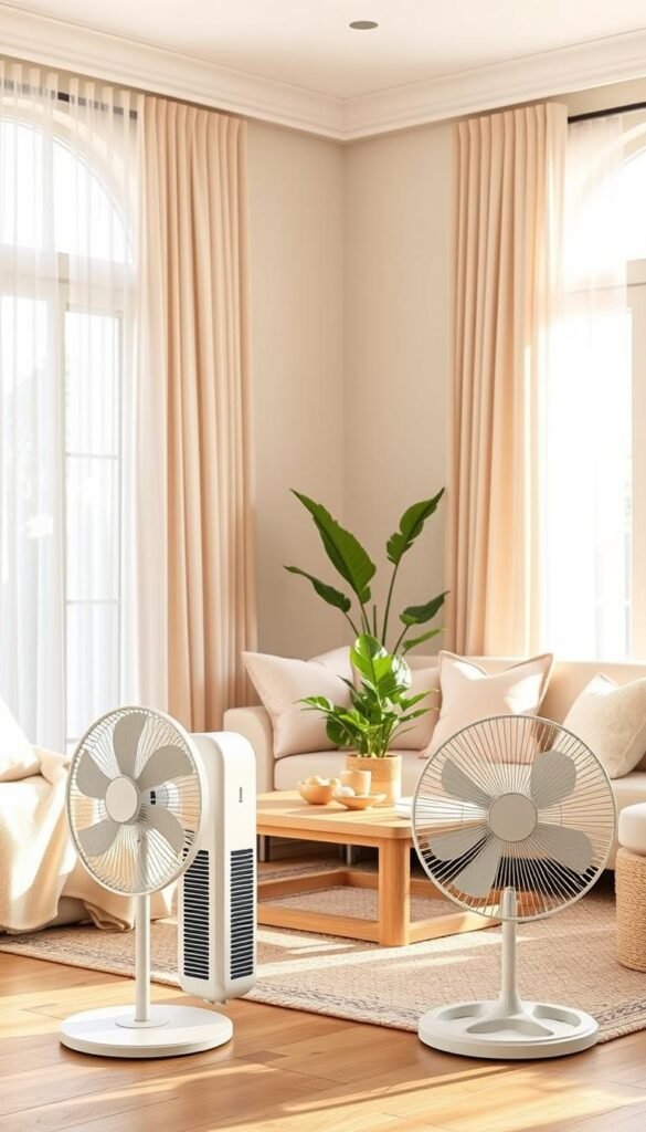 A beautifully arranged summer living room featuring stylish cooling fans that double as decor. In the foreground, two elegant floor fans with sleek designs in a soft white finish, blending seamlessly with contemporary furniture. The middle ground showcases a cozy seating area adorned with pastel-colored cushions and a light, airy throw blanket. Potted greenery brings life to the space, while a light wooden coffee table complements the decor. In the background, large windows draped with sheer curtains allow warm sunlight to filter through, creating a bright and inviting atmosphere. The scene exudes a relaxed, summer vibe, perfect for enhancing airflow day and night. Captured with soft, natural lighting to highlight textures, using a wide-angle lens for an expansive view. This image represents the essence of summer home decor by CozyTrendHub. A beautifully arranged summer living room featuring stylish cooling fans that double as decor. In the foreground, two elegant floor fans with sleek designs in a soft white finish, blending seamlessly with contemporary furniture. The middle ground showcases a cozy seating area adorned with pastel-colored cushions and a light, airy throw blanket. Potted greenery brings life to the space, while a light wooden coffee table complements the decor. In the background, large windows draped with sheer curtains allow warm sunlight to filter through, creating a bright and inviting atmosphere. The scene exudes a relaxed, summer vibe, perfect for enhancing airflow day and night. Captured with soft, natural lighting to highlight textures, using a wide-angle lens for an expansive view. This image represents the essence of summer home decor by CozyTrendHub.