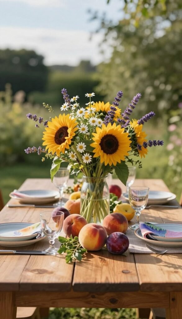 A beautifully arranged summer table centerpiece featuring a natural, rustic wooden table set outdoors under warm golden sunlight. In the foreground, a vibrant bouquet of seasonal flowers like sunflowers, daisies, and lavender in a simple glass vase. Surrounding the vase are fresh fruits such as peaches and plums, artfully placed within sprigs of green foliage. The middle ground showcases a light, airy tablecloth with elegant ceramic dinnerware and mismatched, colorful napkins adding a touch of whimsy. In the background, softly blurred greenery and hints of a clear blue sky create a serene atmosphere. The overall mood is relaxed, inviting, and perfect for a summer gathering. Capture this in a cozy lifestyle photo style reminiscent of CozyTrendHub's aesthetic. Use a soft focus, natural lighting, and an angle that highlights the centerpiece beautifully. A beautifully arranged summer table centerpiece featuring a natural, rustic wooden table set outdoors under warm golden sunlight. In the foreground, a vibrant bouquet of seasonal flowers like sunflowers, daisies, and lavender in a simple glass vase. Surrounding the vase are fresh fruits such as peaches and plums, artfully placed within sprigs of green foliage. The middle ground showcases a light, airy tablecloth with elegant ceramic dinnerware and mismatched, colorful napkins adding a touch of whimsy. In the background, softly blurred greenery and hints of a clear blue sky create a serene atmosphere. The overall mood is relaxed, inviting, and perfect for a summer gathering. Capture this in a cozy lifestyle photo style reminiscent of CozyTrendHub's aesthetic. Use a soft focus, natural lighting, and an angle that highlights the centerpiece beautifully.